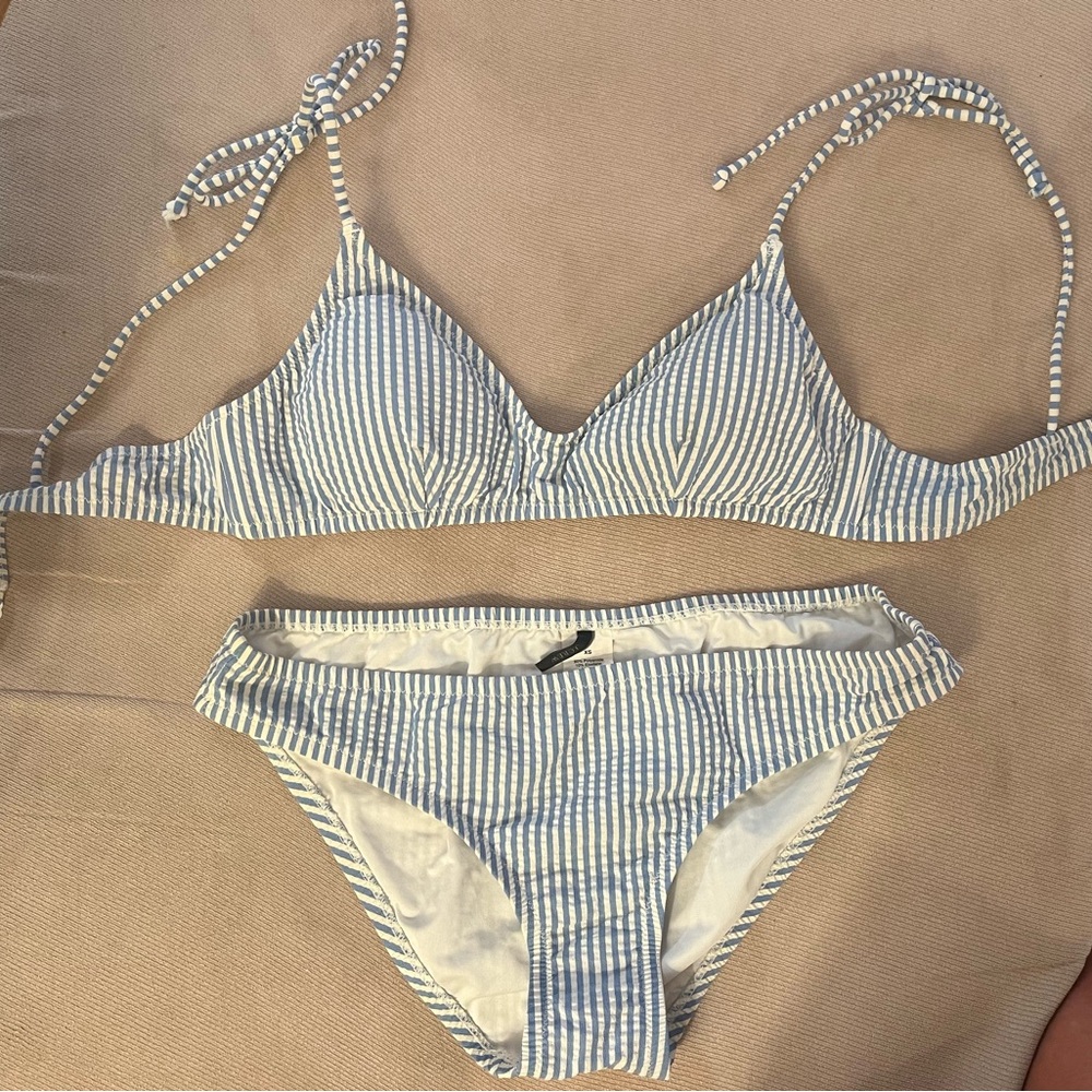 J.Crew classic seersucker French top bikini (S) and full coverage bottoms (XS)